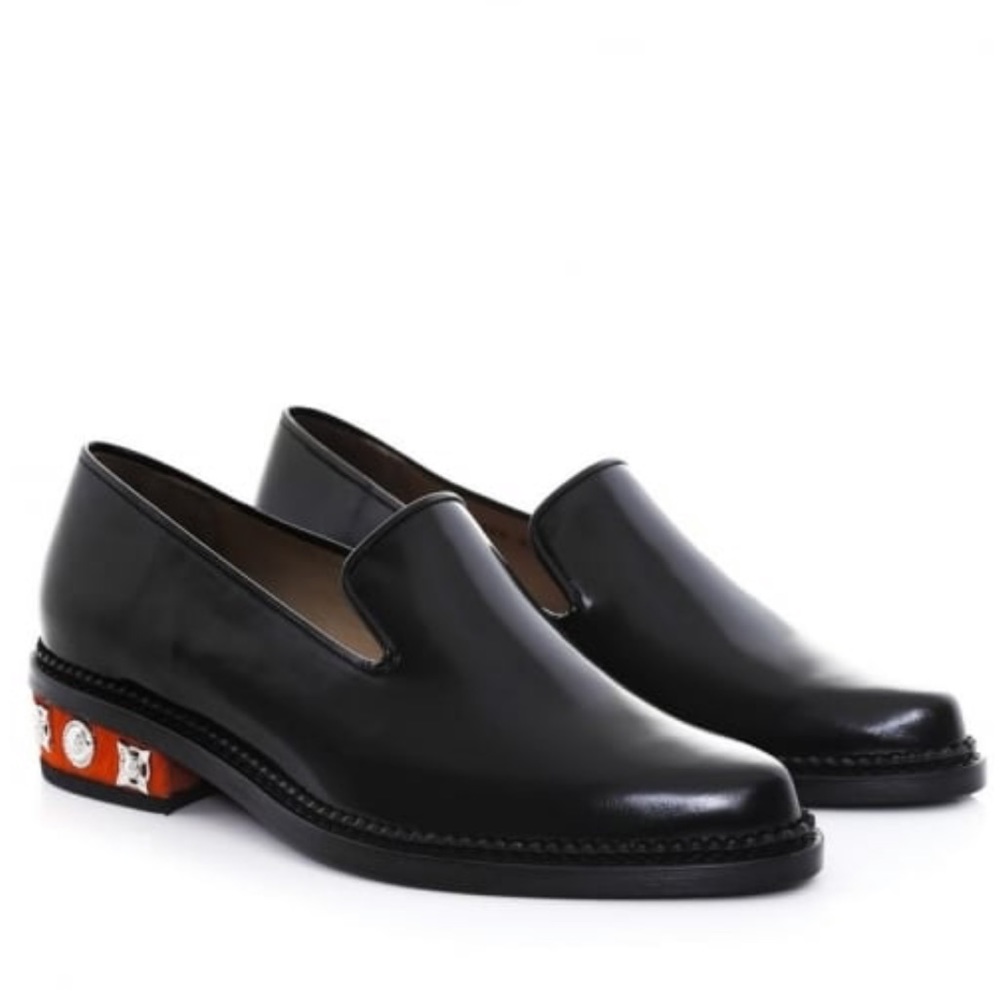 TOGA Pulla Black Leather Slip-On Loafers with Decorative Heel